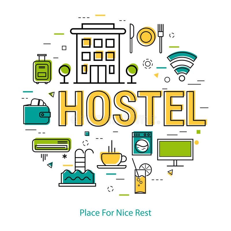 Hostel Line Concept Vector Round Web Banner Best Modern Thin Icons Three Colors Big Letters As Caption Pictographs 92282421