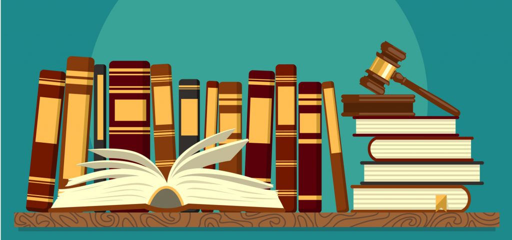 Books On Shelf With Open Book And Judge Gavel Vector Id899442424