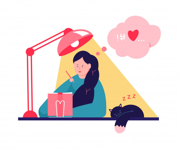 Cute Girl Writing Journal Diary Vector Cartoon Illustration With Woman Table Sleeping Cat 97231 795