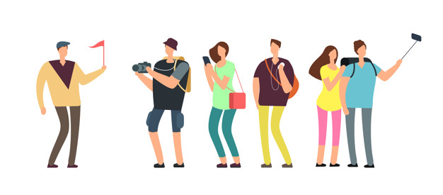 travel Tourists With Guide On Travel Tour. Travelling People With Family On Vacation Vector Concept