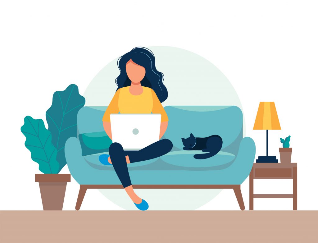 Girl With Laptop Sitting On The Chair. Freelance Or Studying Concept. Cute Illustration In Flat Style.