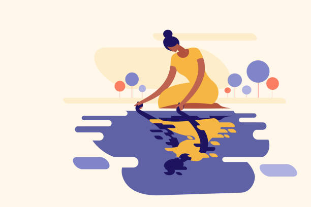 Conceptual Illustration Of A Girl Lifting Up Her Own Reflection From Water