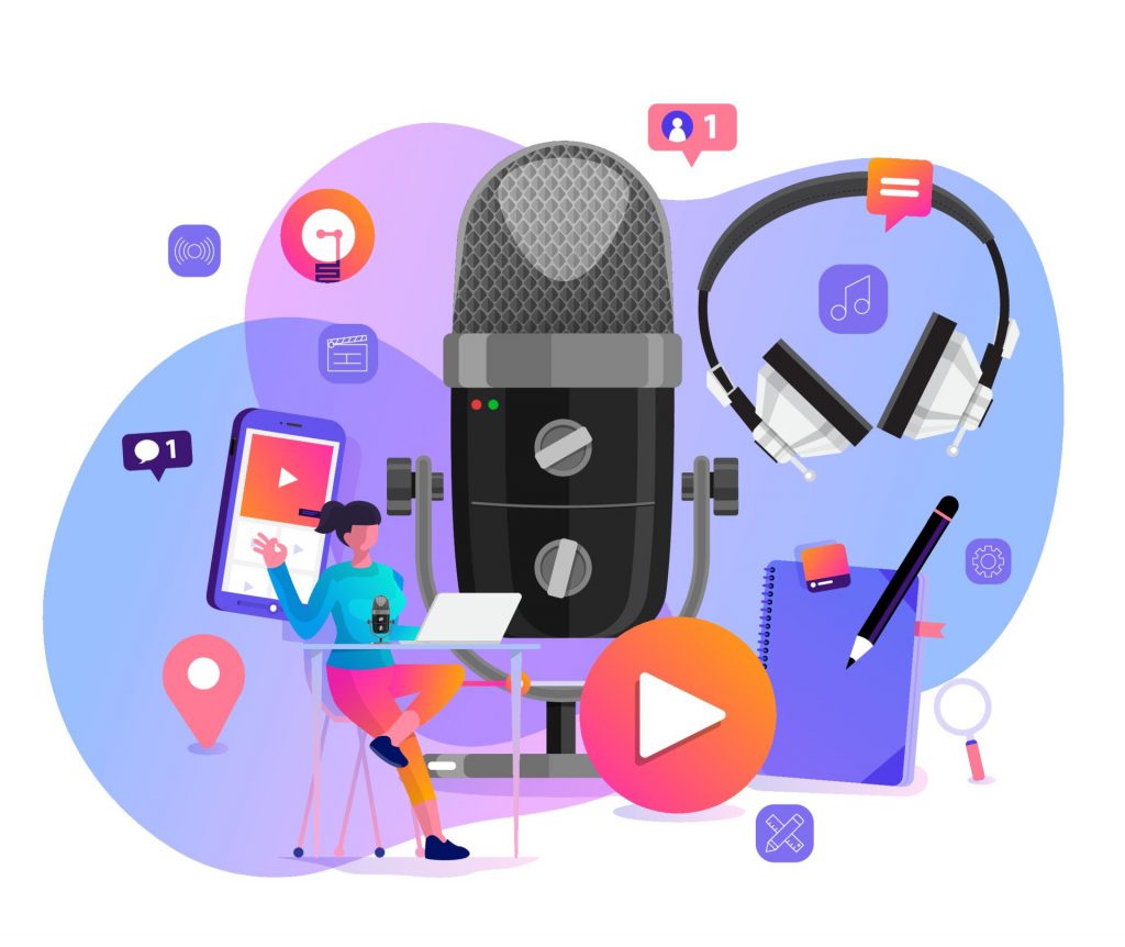 Illustrations Concept Design Podcast Channel Teamwork Make Podcasting Studio Microphone Table Broadcast People Podcast Radio Icon Free Vector