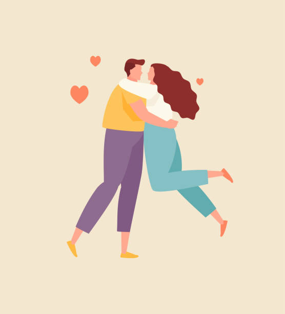 Embracing Lovers Man And Woman. Valentine Day, Vector Flat Illustration
