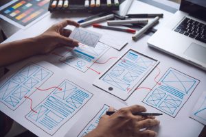 Ux Graphic Designer Creative Sketch Planning Application Process Development Prototype Wireframe For Web Mobile Phone . User Experience Concept.