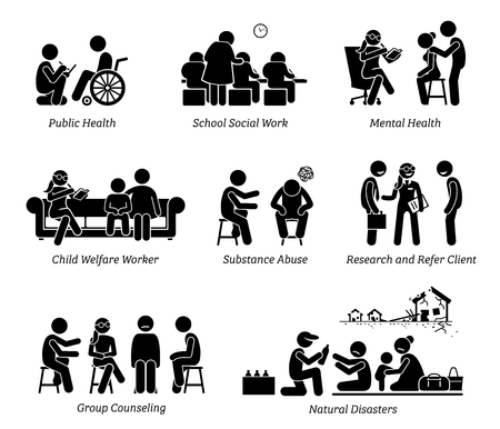 89056989 Social Workers Stick Figure Pictogram Icons Illustrations Depict Social Worker On Public Health Scho