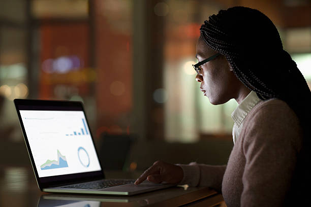 Woman Viewing Laptop Screen At Night