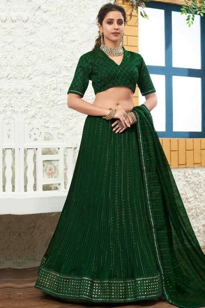 Buy Mehndi Functional Dark Green Organza Fabric Lehenga Choli Lehv2636