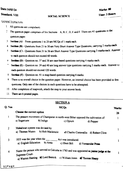 Sample Paper Of Sst Class 8