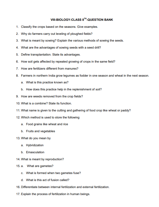 Biology Question Paper 2019 Class 8