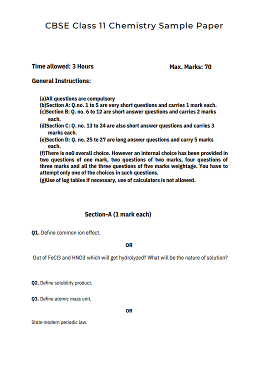 Chemistry Sample Paper Class 11