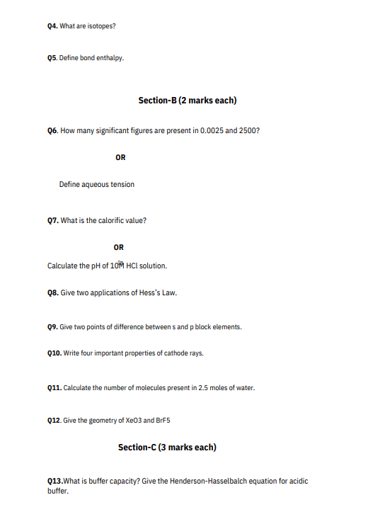 Chemistry Sample Paper Class 11 2