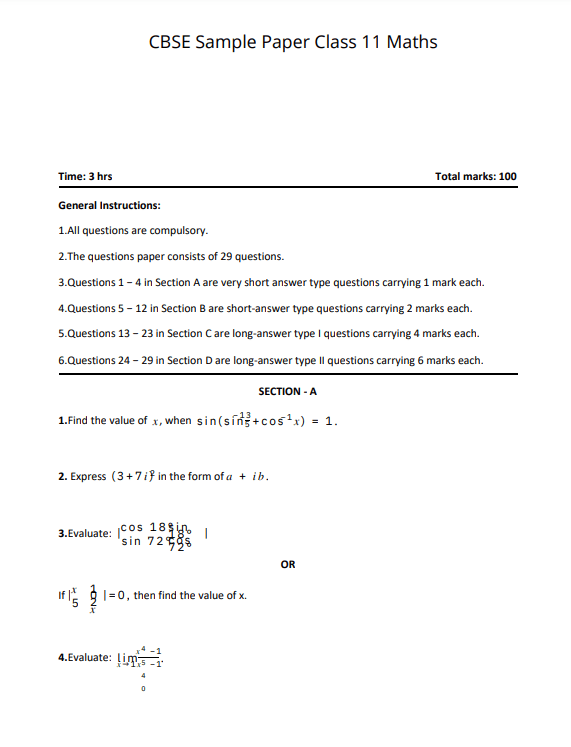 Class 11 Maths Sample Paper