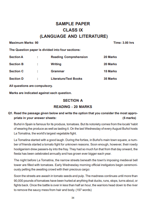 English Class 9 Sample Paper 2020 21
