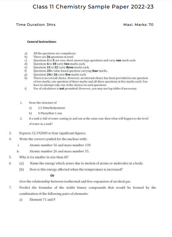 Class 11 Chemistry Sample Paper 2022 23
