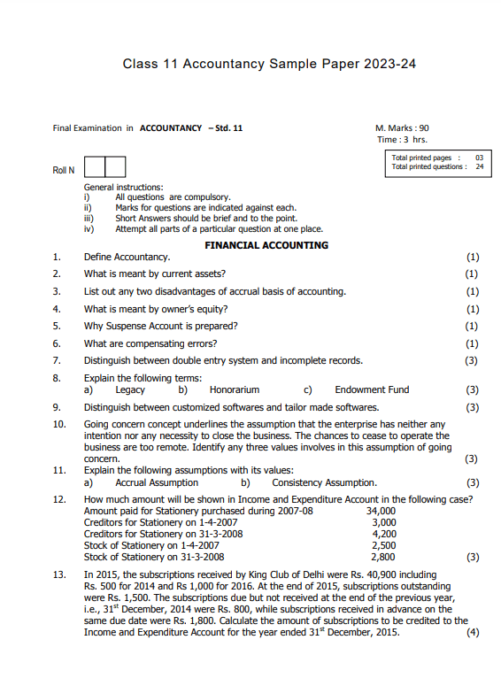 Class 11 Accountancy Sample Paper 2023 24