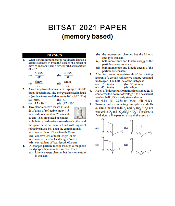 Bitsat 2021 Question Paper